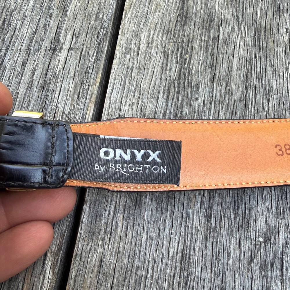 Onyx by Brighton Mens Black Croc Embossed Leather Western Belt 38 Silver Buckle - Picture 2 of 5